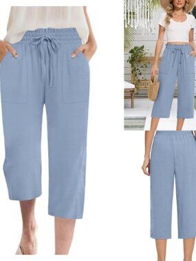 High Waisted Wide Leg Capri Pants with Pockets Drawstring Cotton Blend